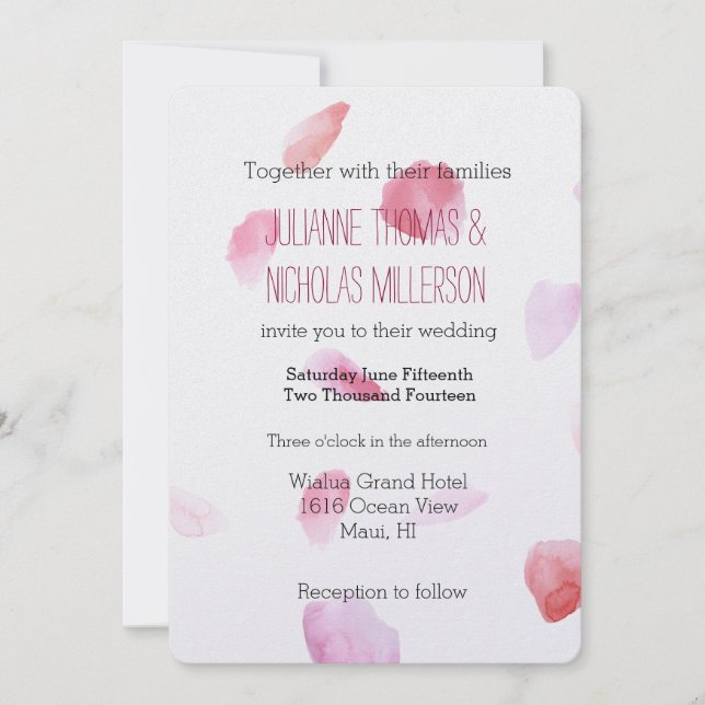 Invitación Rosa romántico Boda de Petales (Anverso)
