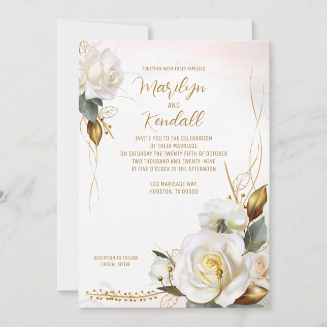 Invitación Rosa romántico Boda floral de oro (Anverso)