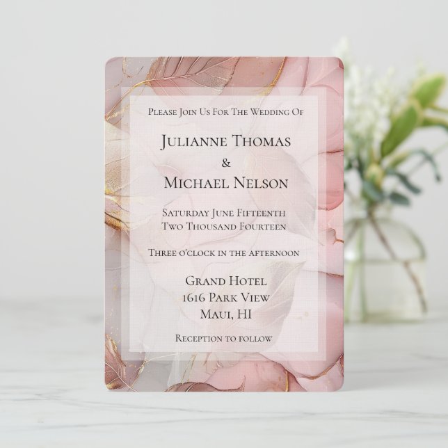 Invitación Rosa romántico Boda Rubor Rosado Gold Leaf (Anverso de pie)