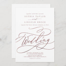 Invitación Rosa romántico caligrafía de oro | Boda de detalle