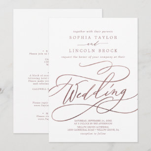 Invitación Rosa romántico caligrafía de oro   Boda de detalle