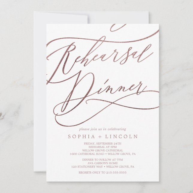 Invitación Rosa romántico caligrafía de oro ensayo cena (Anverso)
