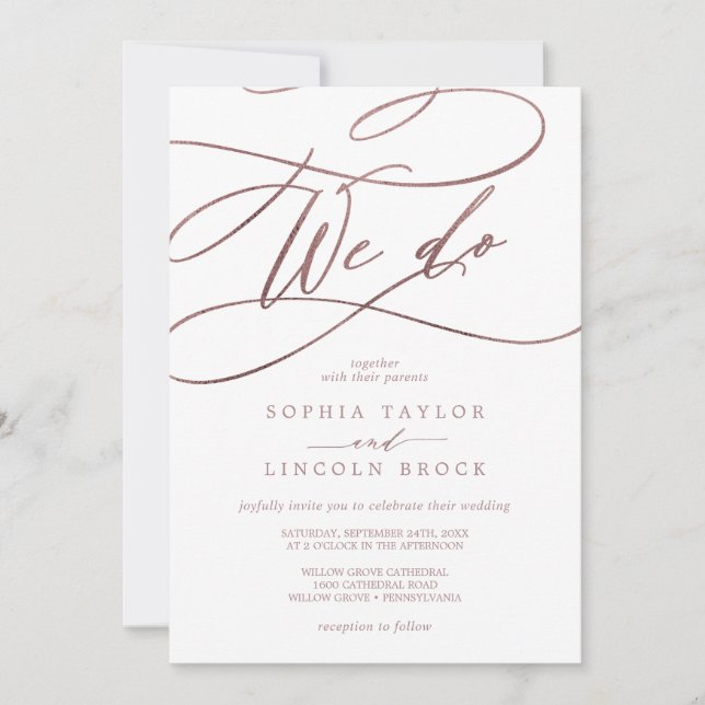 Invitación Rosa romántico caligrafía de oro hacemos Boda (Anverso)