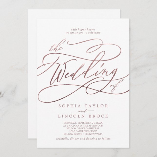 Invitación Rosa Romántico Caligrafía De Oro Todo En Un Boda (Anverso / Reverso)