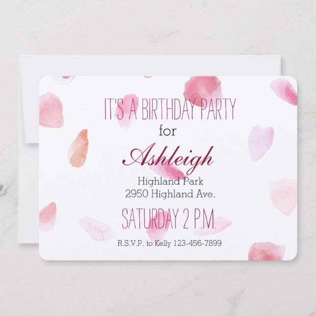 Invitación Rosa romántico cumpleaños de Petals (Anverso)