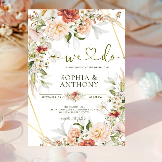 Invitación Rosa romántico de Boho Peony Ranunculus Gold Boda (Subido por el creador)
