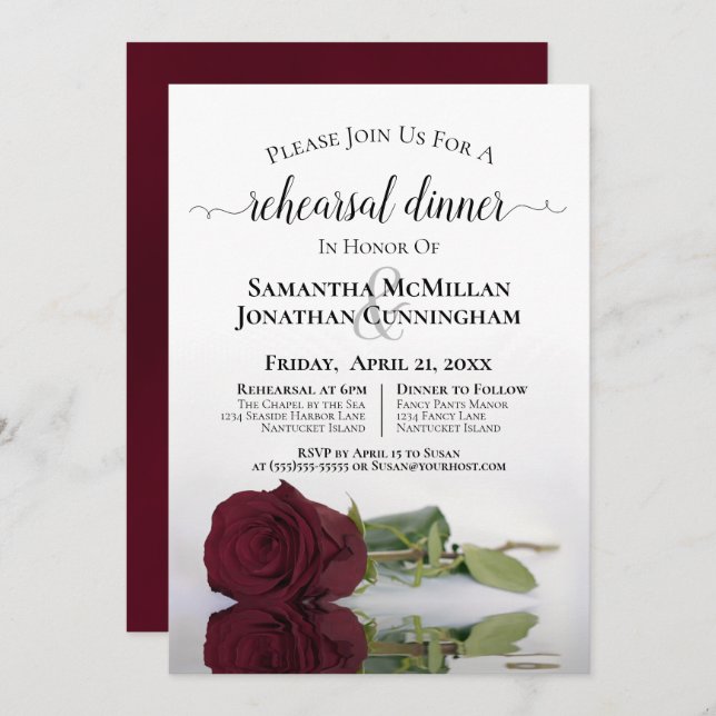 Invitación Rosa romántico de Borgoña Boda ensayo cena (Anverso / Reverso)