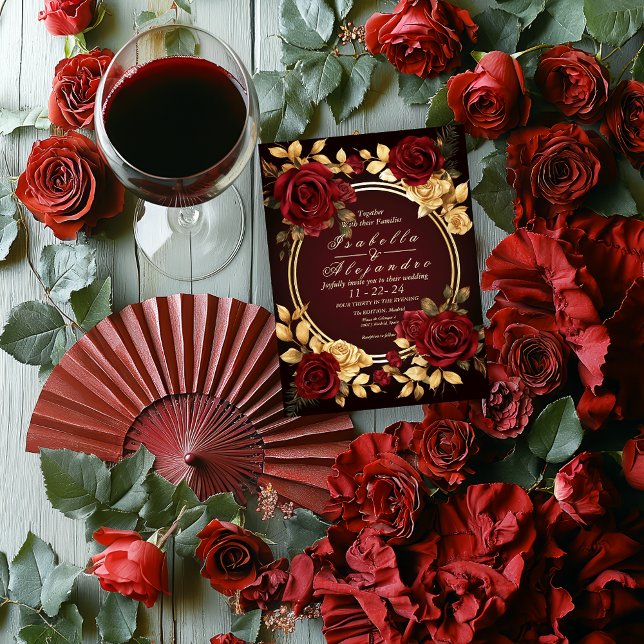 Invitación Rosa romántico de Borgoña y guión de oro (https://www.zazzle.com/romantic_burgundy_rose_and_gold_script_invitation-256452137443029033)