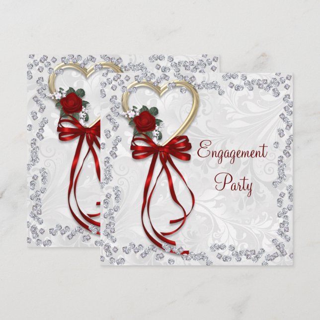 Invitación Rosa romántico, diamantes y compromiso de cinta ro (Anverso / Reverso)