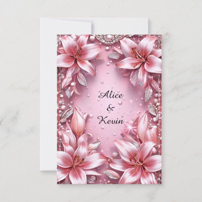 Invitación Rosa Romántico Floral de Lirio Perla Boda 🌸💍💖✨ (Anverso)