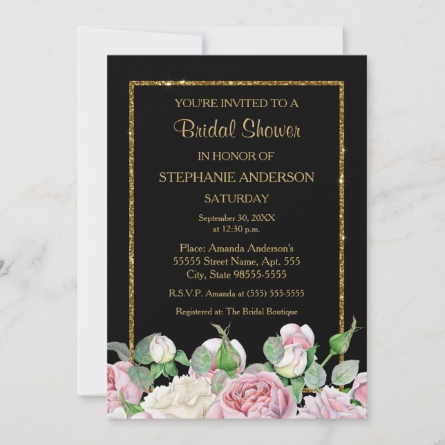 Invitación Rosa romántico Floral Faux Gold Glitz Bridal Showe (Anverso)