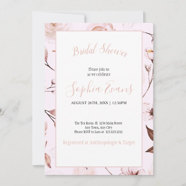 Invitación Rosa romántico moderno y ducha de novia floral (Anverso)