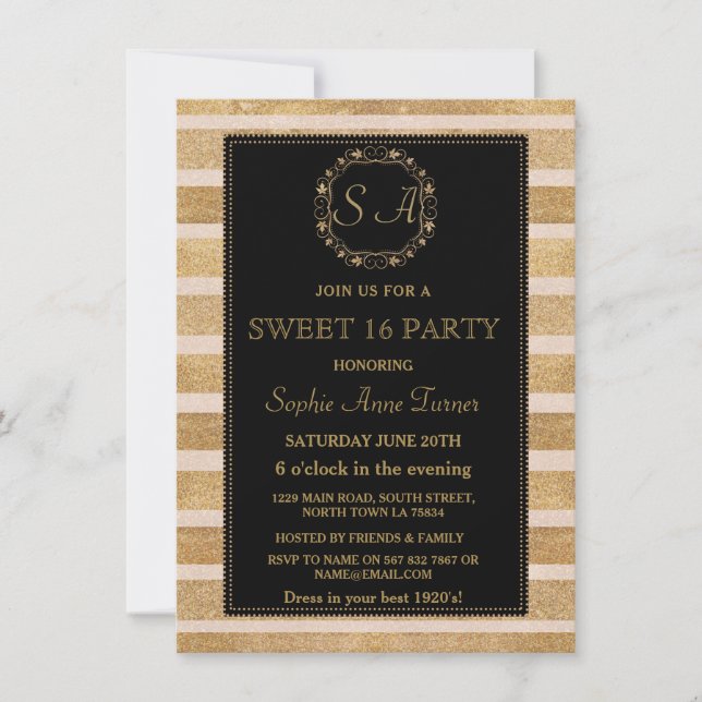 Invitación Rosa Romántico Oro Caída Wreath SWEET 16 Monograma (Anverso)