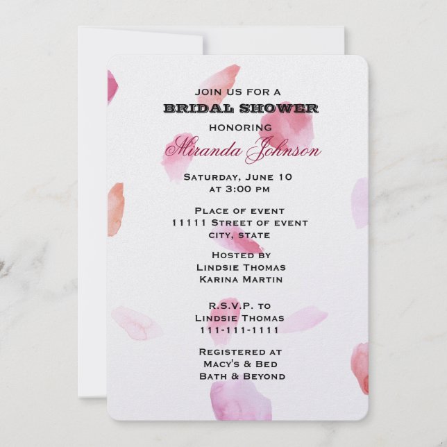 Invitación Rosa romántico Petales Ducha de novia (Anverso)