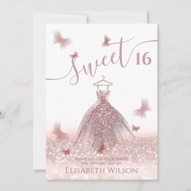 Invitación Rosa romántico purpurina de oro vestido sombrío ma (Anverso)