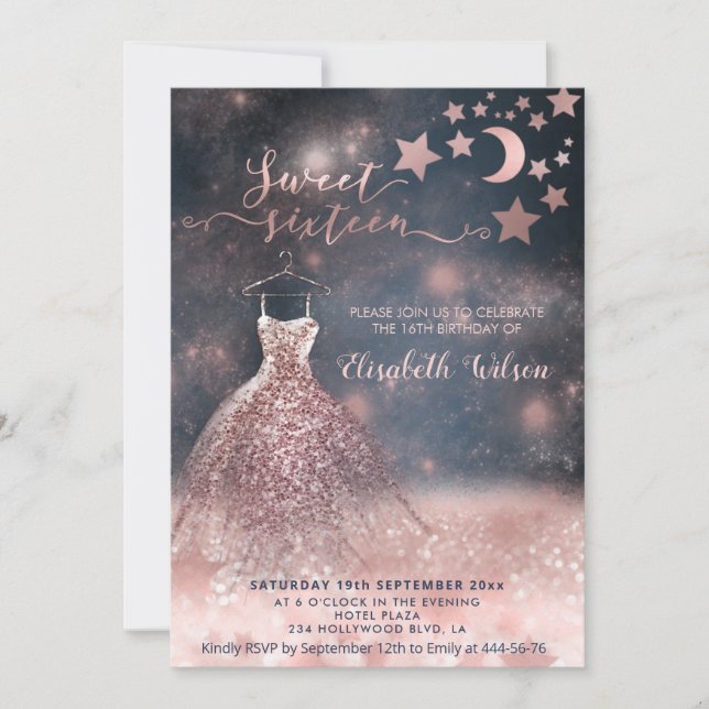 Invitación Rosa romántico purpurinoso de oro vestido celestia (Anverso)