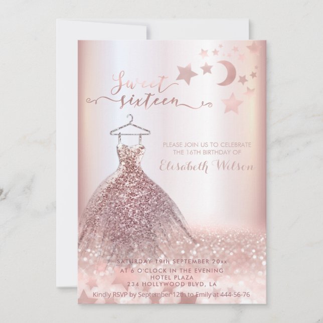 Invitación Rosa romántico purpurinoso de oro vestido celestia (Anverso)
