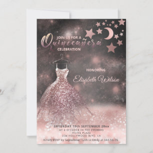 Invitación Rosa romántico purpurinoso de oro vestido celestia
