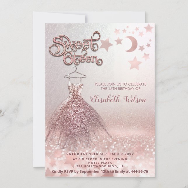 Invitación Rosa romántico purpurinoso de oro vestido celestia (Anverso)