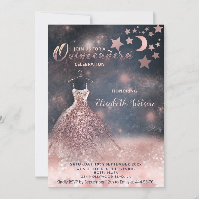 Invitación Rosa romántico purpurinoso de oro vestido celestia (Anverso)