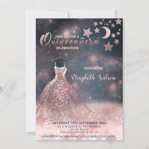Invitación Rosa romántico purpurinoso de oro vestido celestia