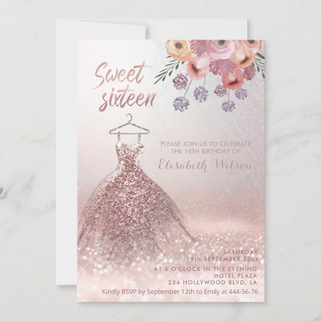 Invitación Rosa romántico purpurinoso de oro vestido floral I (Anverso)