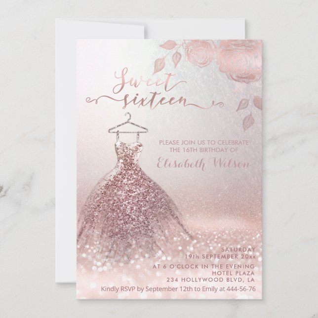 Invitación Rosa romántico purpurinoso de vestimenta rosas Inv (Anverso)
