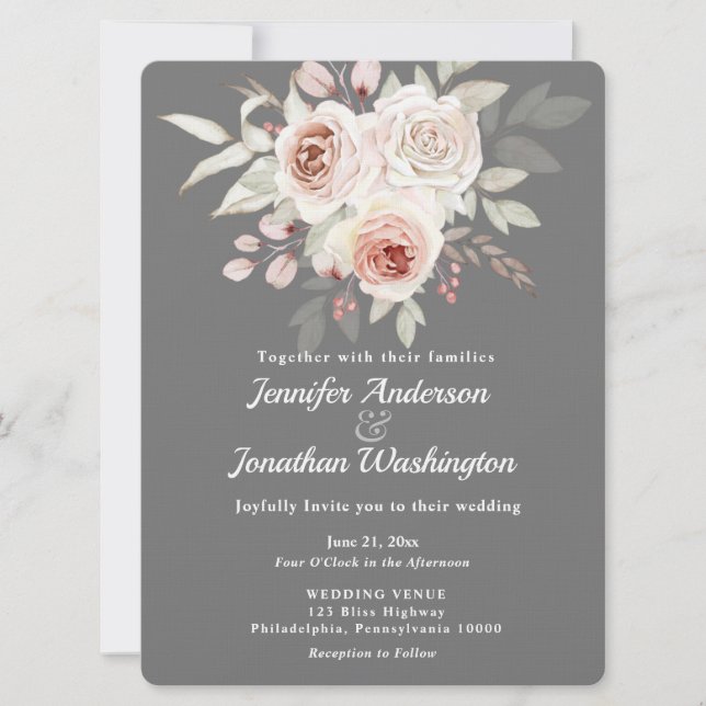 Invitación Rosa romántico rosa suave sobre Boda gris (Anverso)