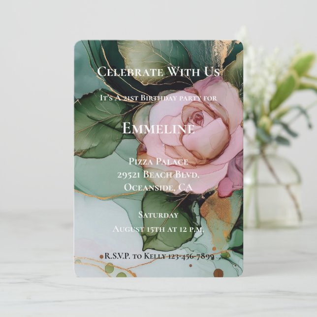 Invitación Rosa romántico Rubor Pink Gold Floral Cumpleaños (Anverso de pie)