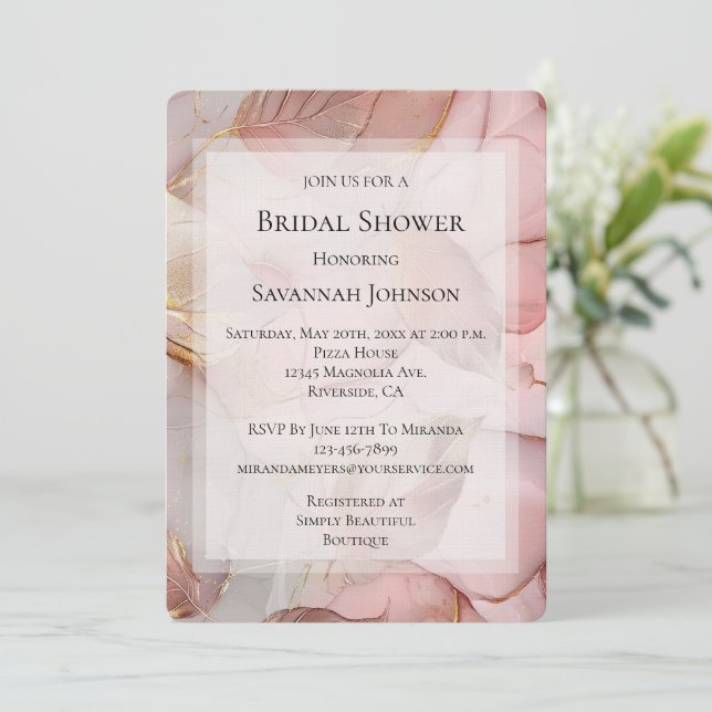 Invitación Rosa romántico Rubor Pink Gold Leaf Bridal Shower (Anverso de pie)