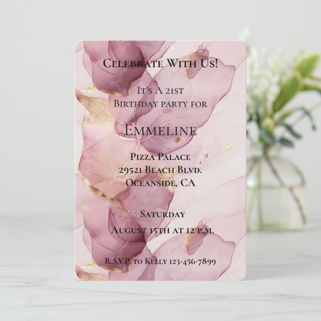 Invitación Rosa romántico Rubor Pink Gold Leaf Cumpleaños (Anverso de pie)