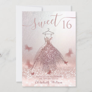 Invitación Rosa romántico vestido purpurinoso de oro mariposa