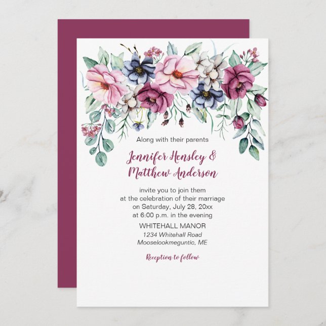 Invitación Rosa, rosa, azul acuarela Floral Drop Boda (Anverso / Reverso)