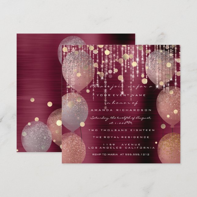Invitación Rosa Rosa Ballon Sweet 16th Bridal Bordeaux Marsal (Anverso / Reverso)