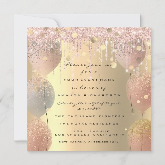 Invitación Rosa Rosa Ballon Sweet 16th Bridal Shower (Anverso)