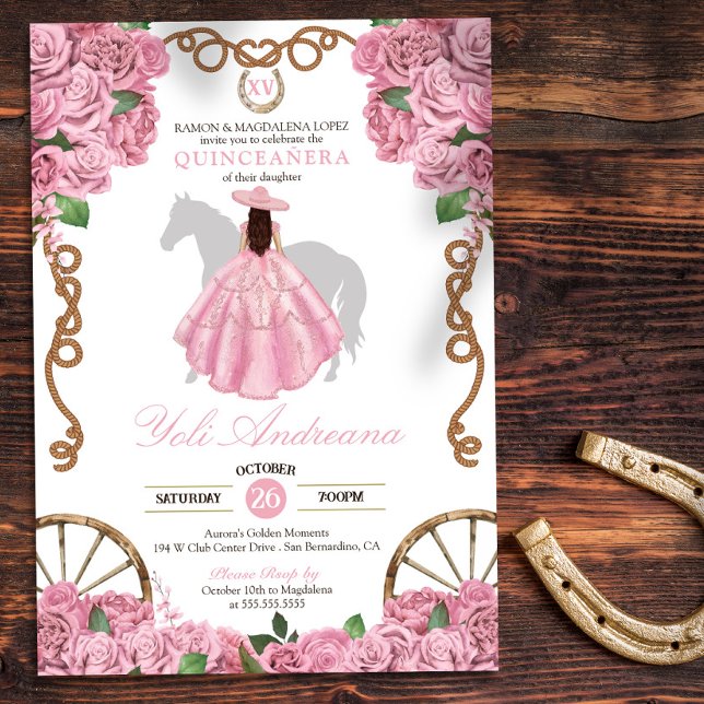 Invitación Rosa rosa bebé Charro Occidental Quinceanera (Subido por el creador)