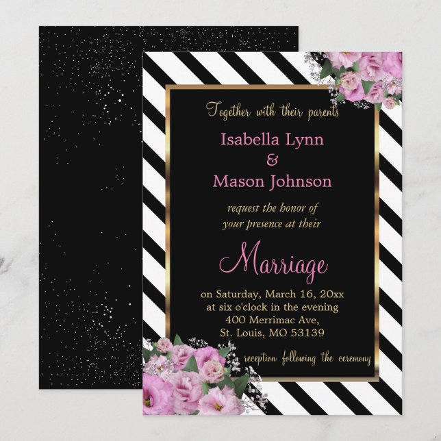 Invitación Rosa rosa Boda franja blanca y negra (Anverso / Reverso)