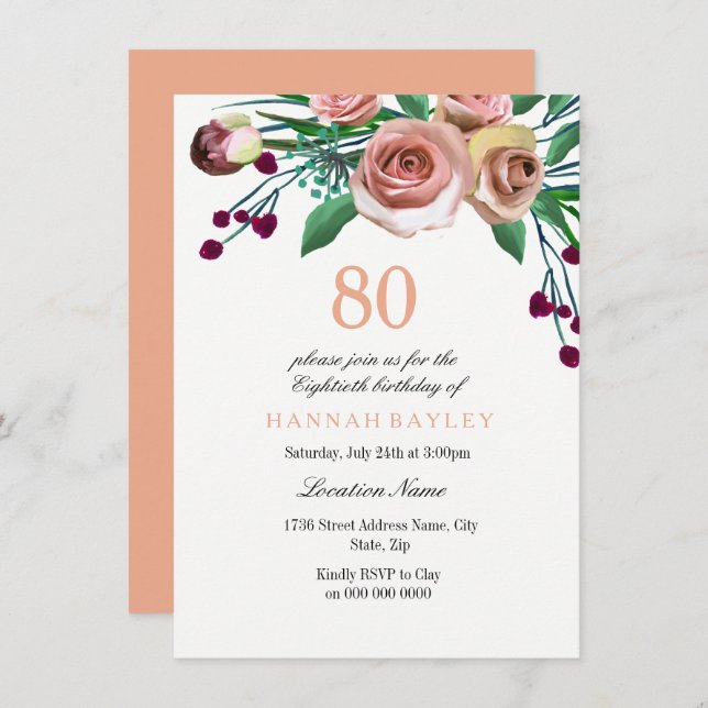 Invitación Rosa Rosa Borgoña 80º cumpleaños (Anverso / Reverso)