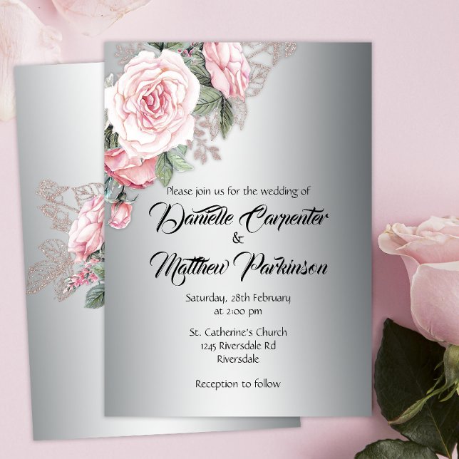 Invitación Rosa rosa Bouquet en Boda plateado (Subido por el creador)
