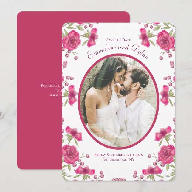 Invitación Rosa Rosa Brillante Salva la Fecha de la Boda (Anverso / Reverso)