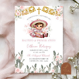 Invitación Rosa rosa Charra Bautizo Mexicano y Primer Anito