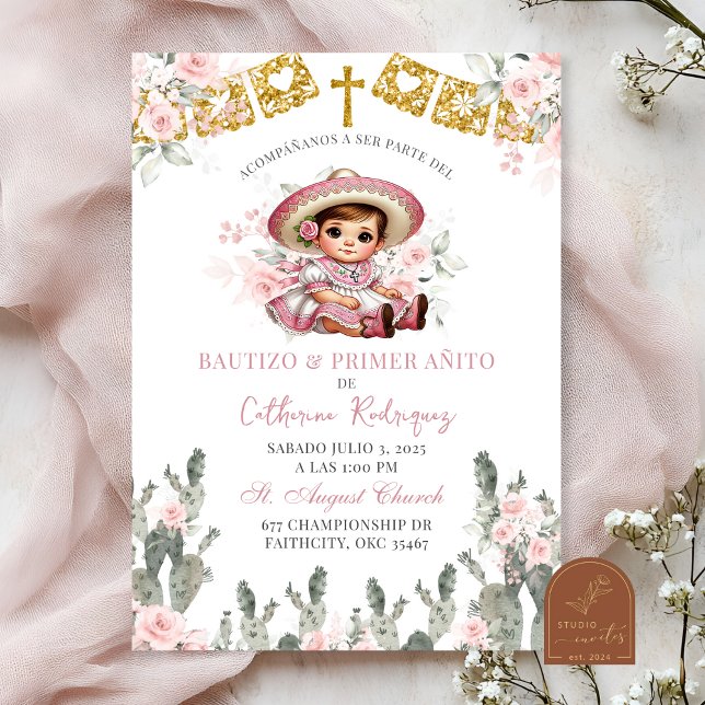 Invitación Rosa rosa Charra Bautizo Mexicano y Primer Anito (Subido por el creador)