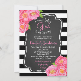 Invitación Rosa rosa Chica floral Baby Shower blanco y negro