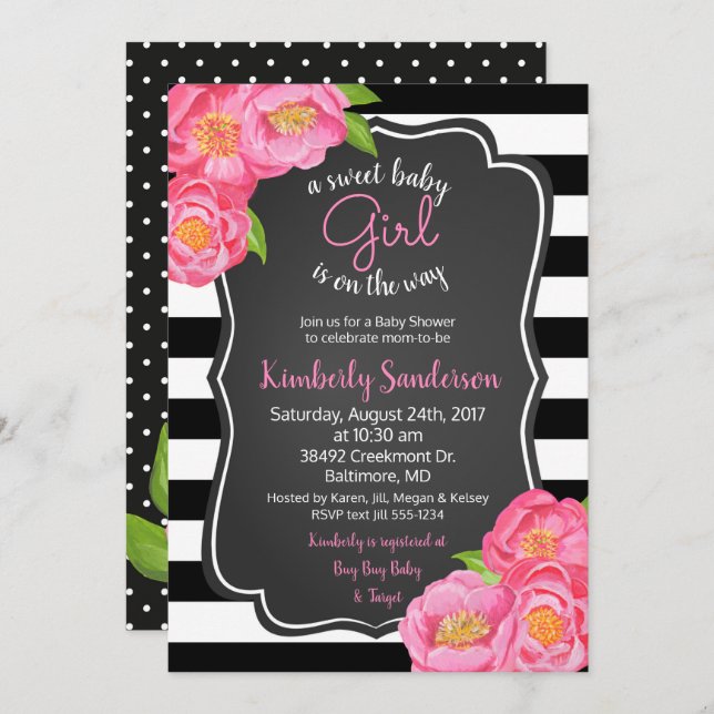 Invitación Rosa rosa Chica floral Baby Shower blanco y negro (Anverso / Reverso)