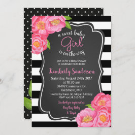 Invitación Rosa rosa Chica floral Baby Shower blanco y negro