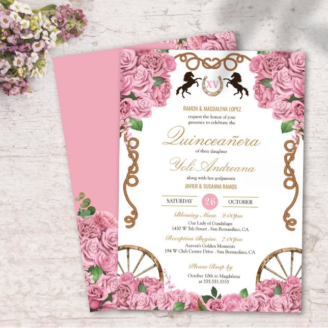 Invitación Rosa rosa claro Floral Occidental Charra Quinceane (Subido por el creador)