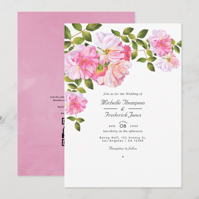 Invitación Rosa Rosa Código QR RSVP Boda de Jardín (Anverso / Reverso)