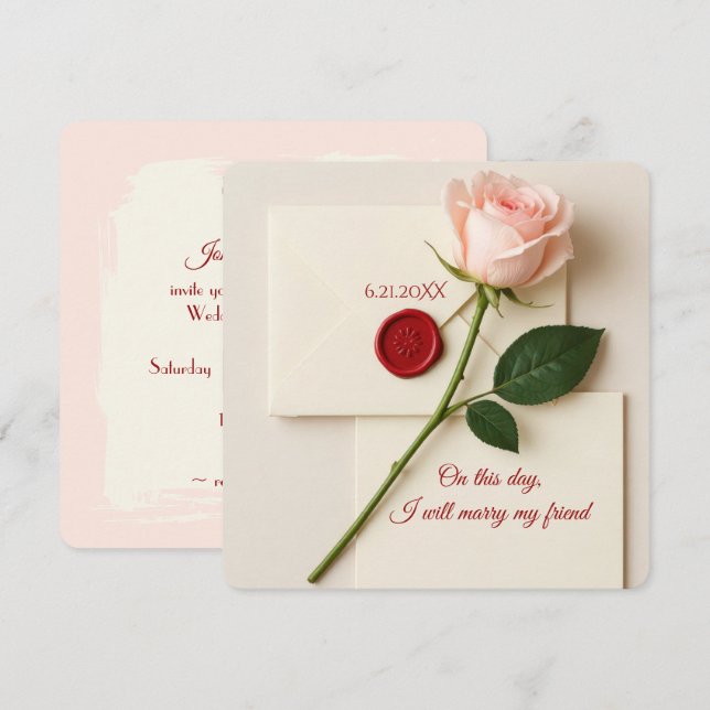 Invitación Rosa Rosa Con Sello De Cera Rojo Para Boda (Anverso / Reverso)