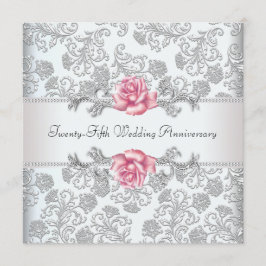Invitación Rosa Rosa Damask Plata 25 Aniversario de Boda