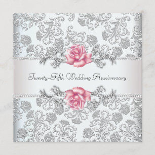 Invitación Rosa Rosa Damask Plata 25 Aniversario de Boda